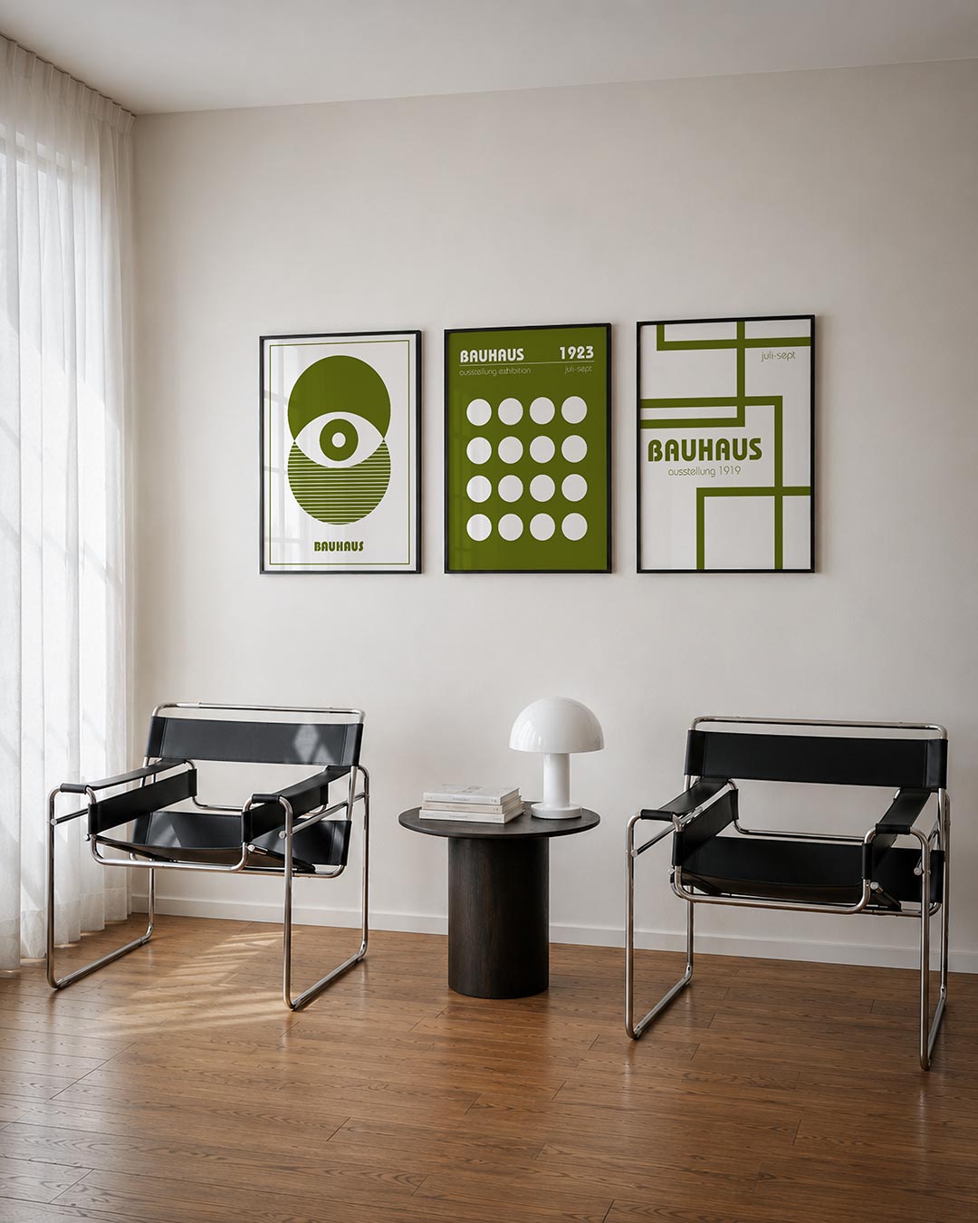 Cirkel en strepen driedelige posterset – deze posterset in drie delen toont een spel van cirkels en lijnen in olijfgroen. De