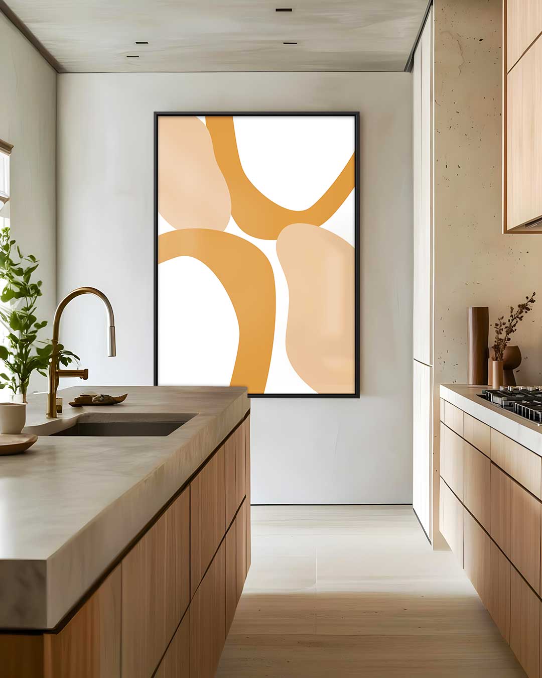 Abstracte Flow in Beige en Oranje – dibond wanddecoratie in staand formaat