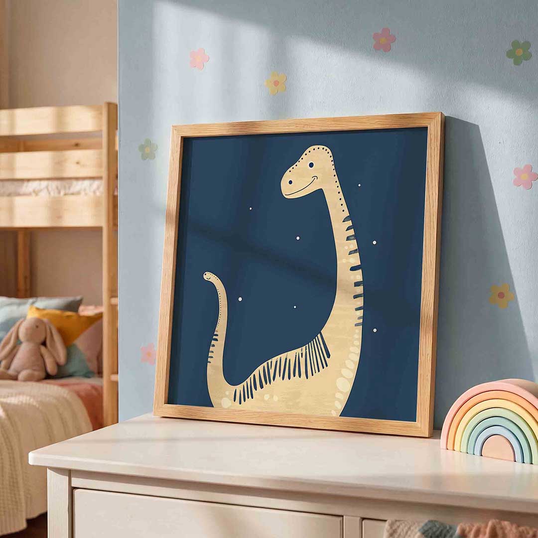 Dinosaurus glimlach – speelse wandkunst als vierkante kinderposter