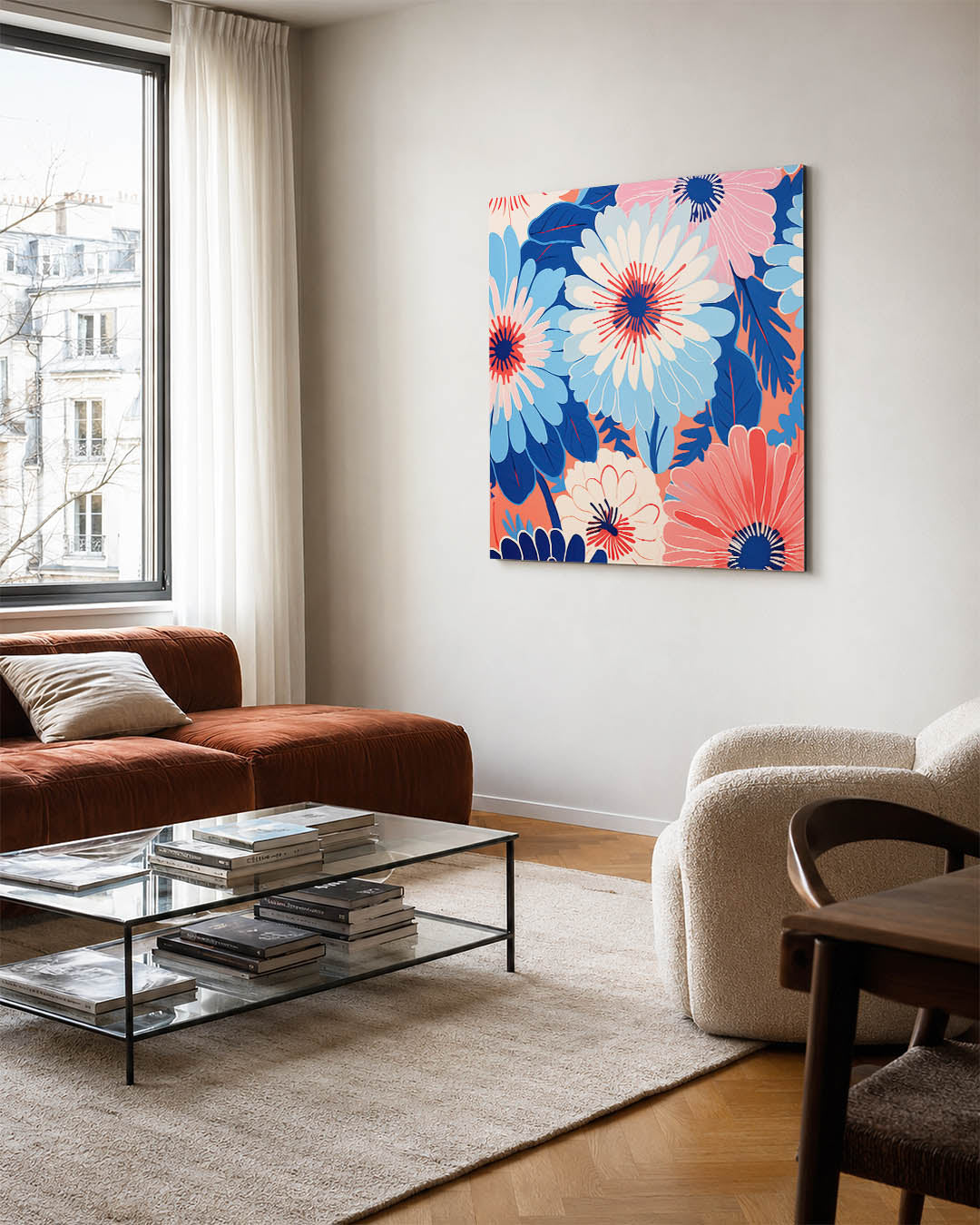 Bloemrijke kleurenexplosie kunstwerk – vierkante wanddecoratie – dit kunstwerk toont een levendige compositie van grote