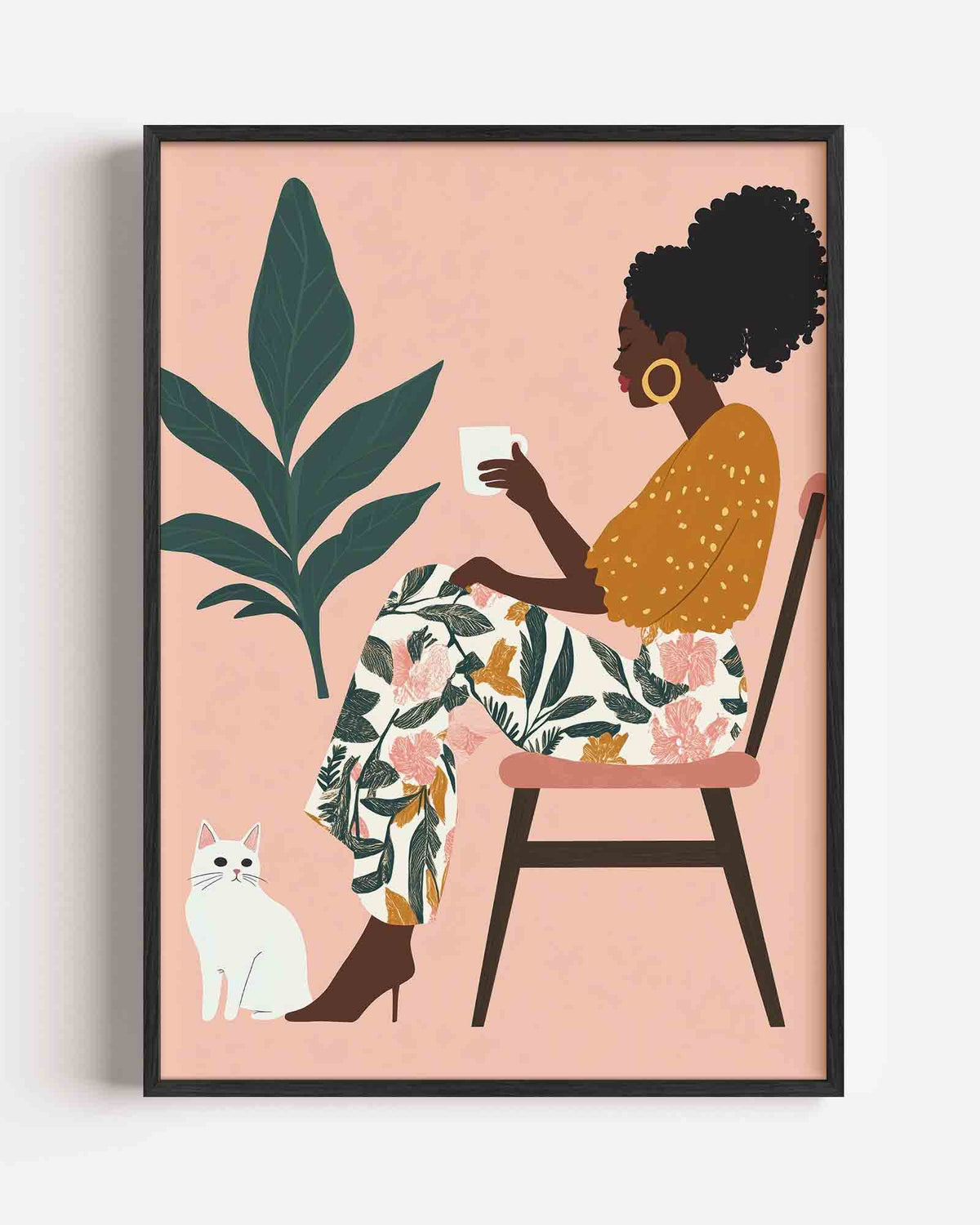 Vrouw met kat en plant – moderne portret poster als wanddecoratie