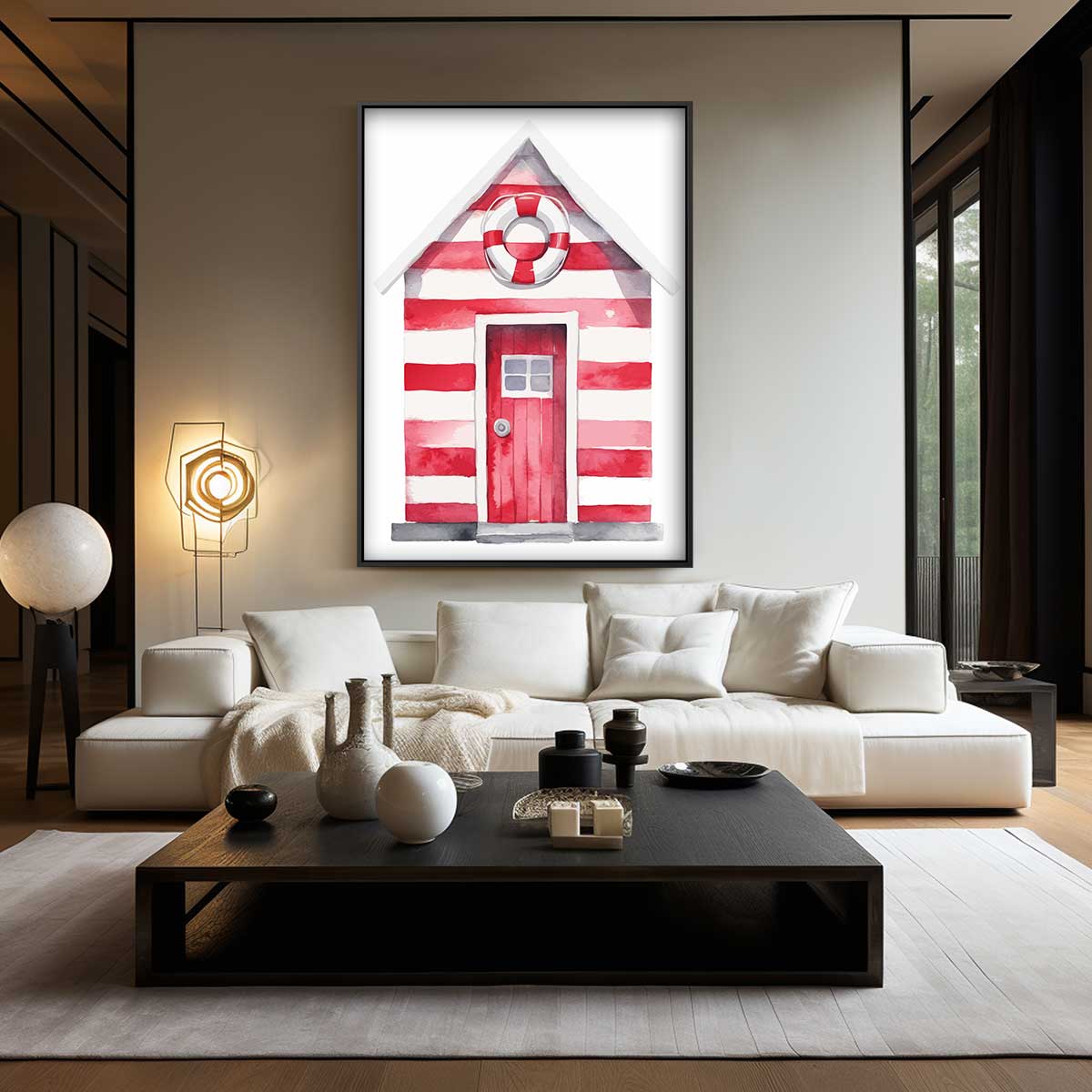 Strandhut Waterverf Print – kunstwerk met zwarte baklijst