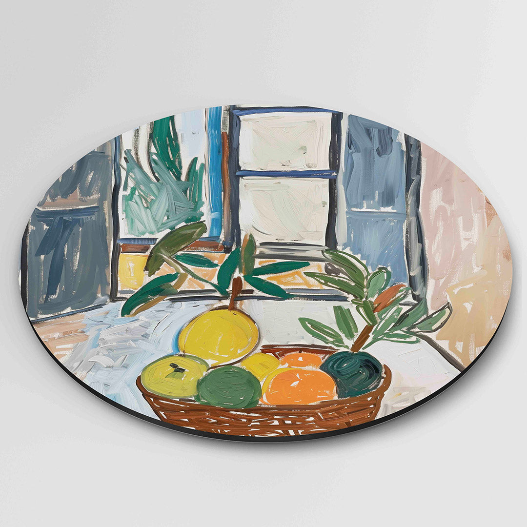 Fruitmand en raam – kleurrijke wandkunst als muurcirkel