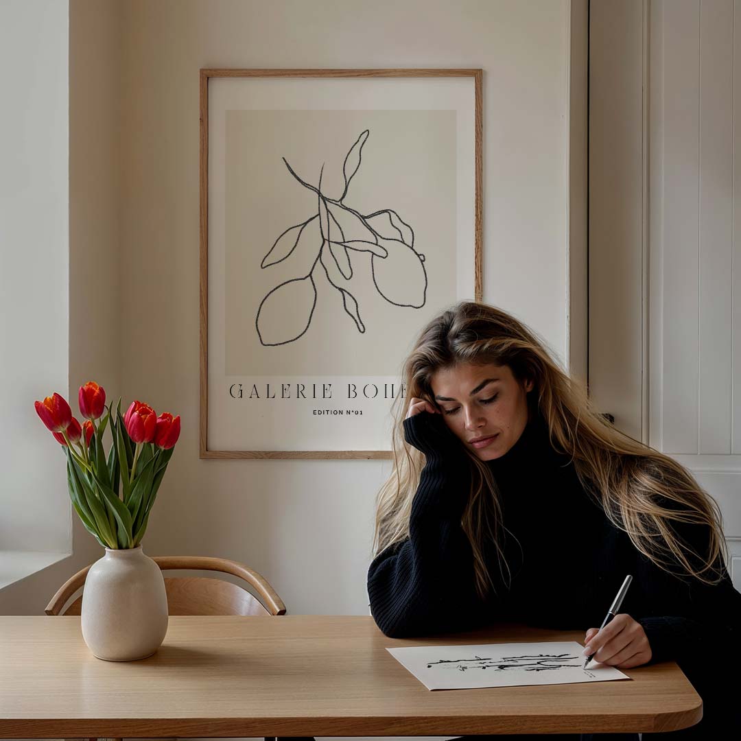 Minimalistische Boho Lime Illustratie – staande muurposter met boheme uitstraling