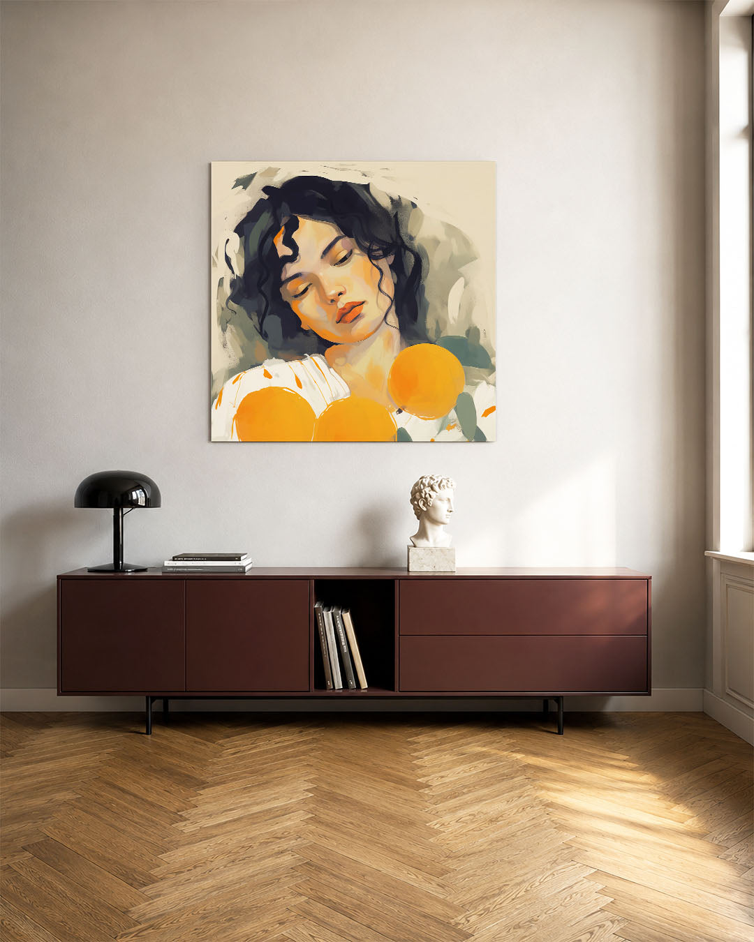 Dromerige portret illustratie kunstwerk – tweede productweergave – dit kunstwerk toont een vrouw met gesloten ogen, omringd