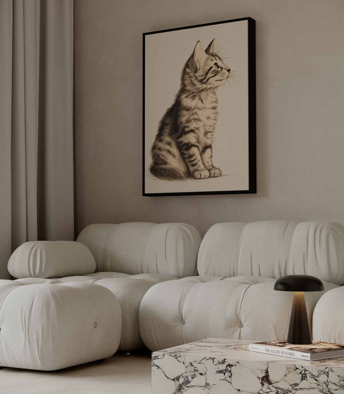 Dromerige Kat in Potlood – modern portret kunstwerk van WallArtistic