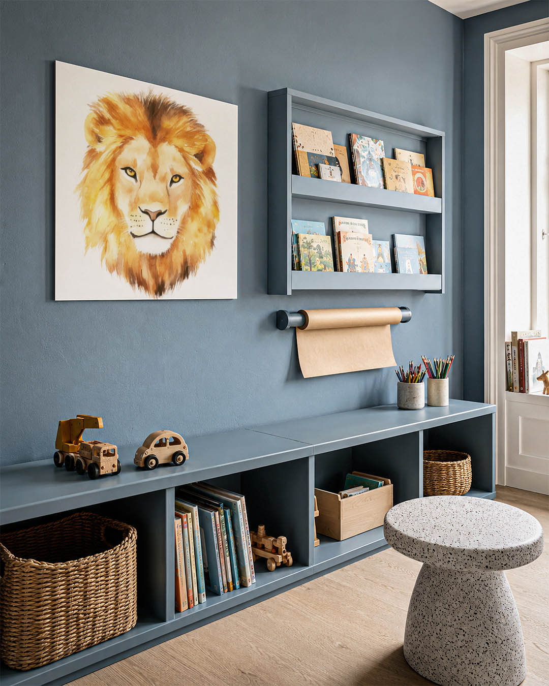 Leeuwenkop aquarel kunstwerk – detailweergave – dit kunstwerk toont een gedetailleerde leeuwenkop in warme tinten, met