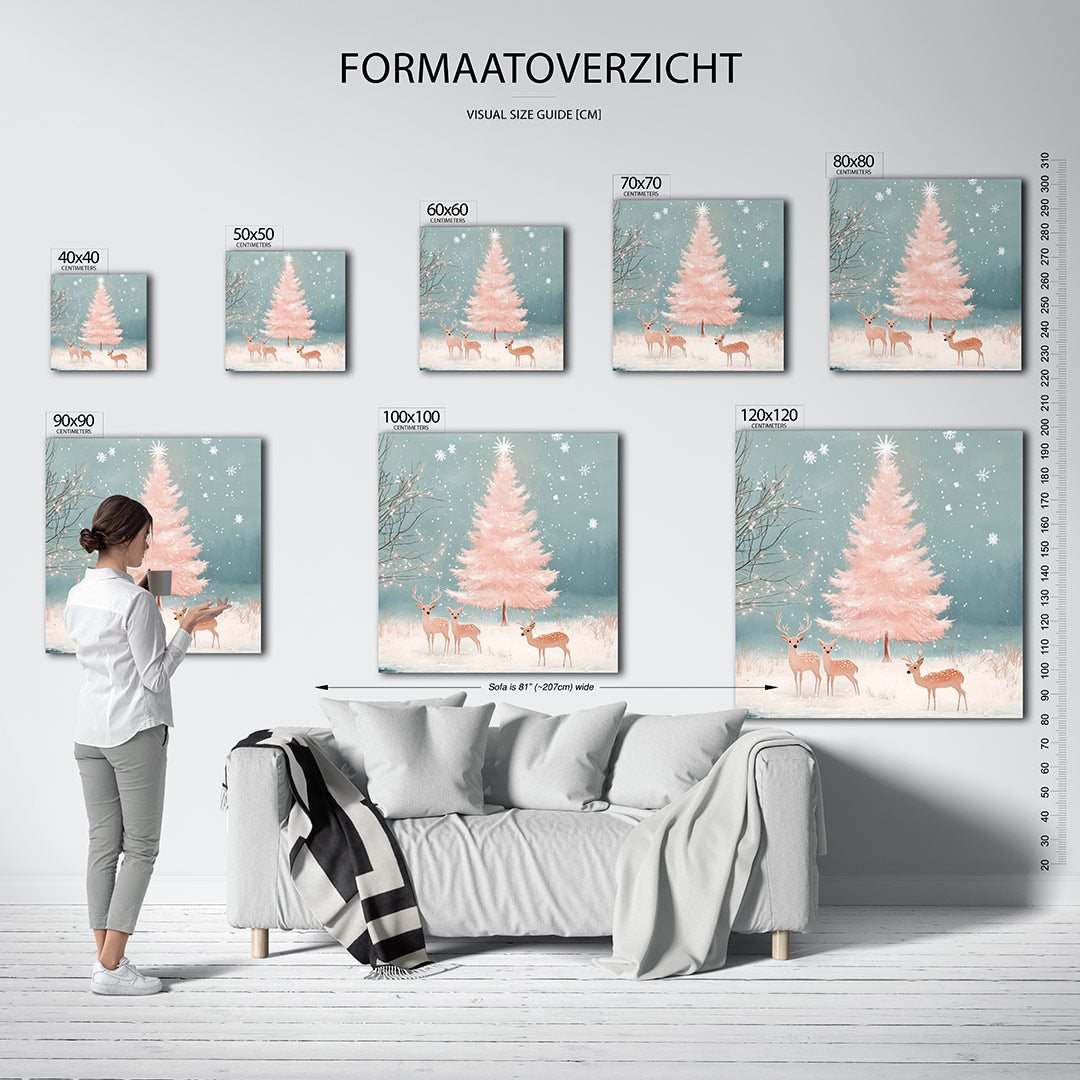 Winterlandschap met herten kunstwerk – sfeerbeeld – dit werk toont een serene winterse scène met een roze boom en drie herten