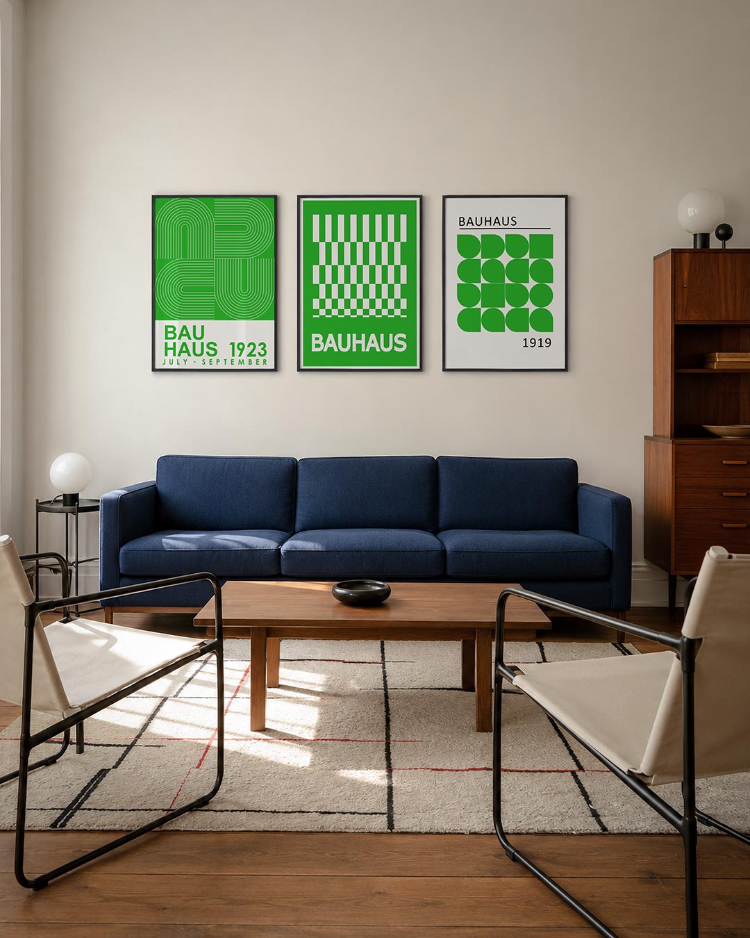 Lijnen en kleurvlakken posterset – derde productweergave – deze posterset in drie delen toont een levendig spel van groene en