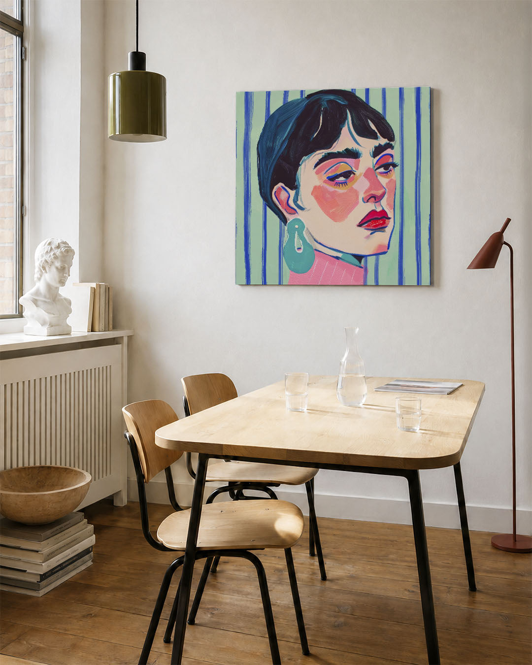 Portret kunstwerk – vierkante wanddecoratie – dit kunstwerk toont een portret met levendige kleuren en gedurfde lijnen. De