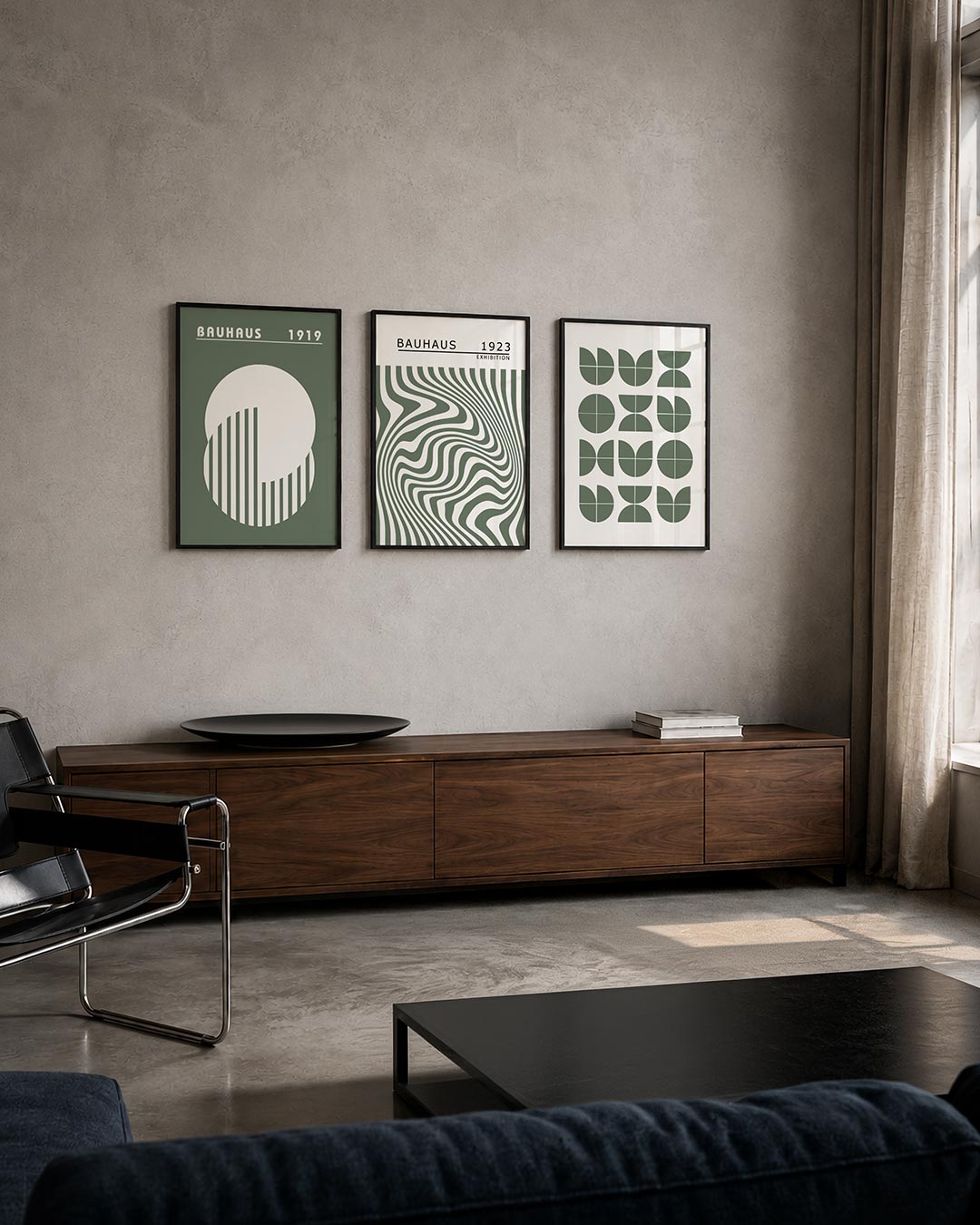 Cirkel en strepen driedelige posterset – deze posterset in drie delen toont een grote witte cirkel met verticale strepen op