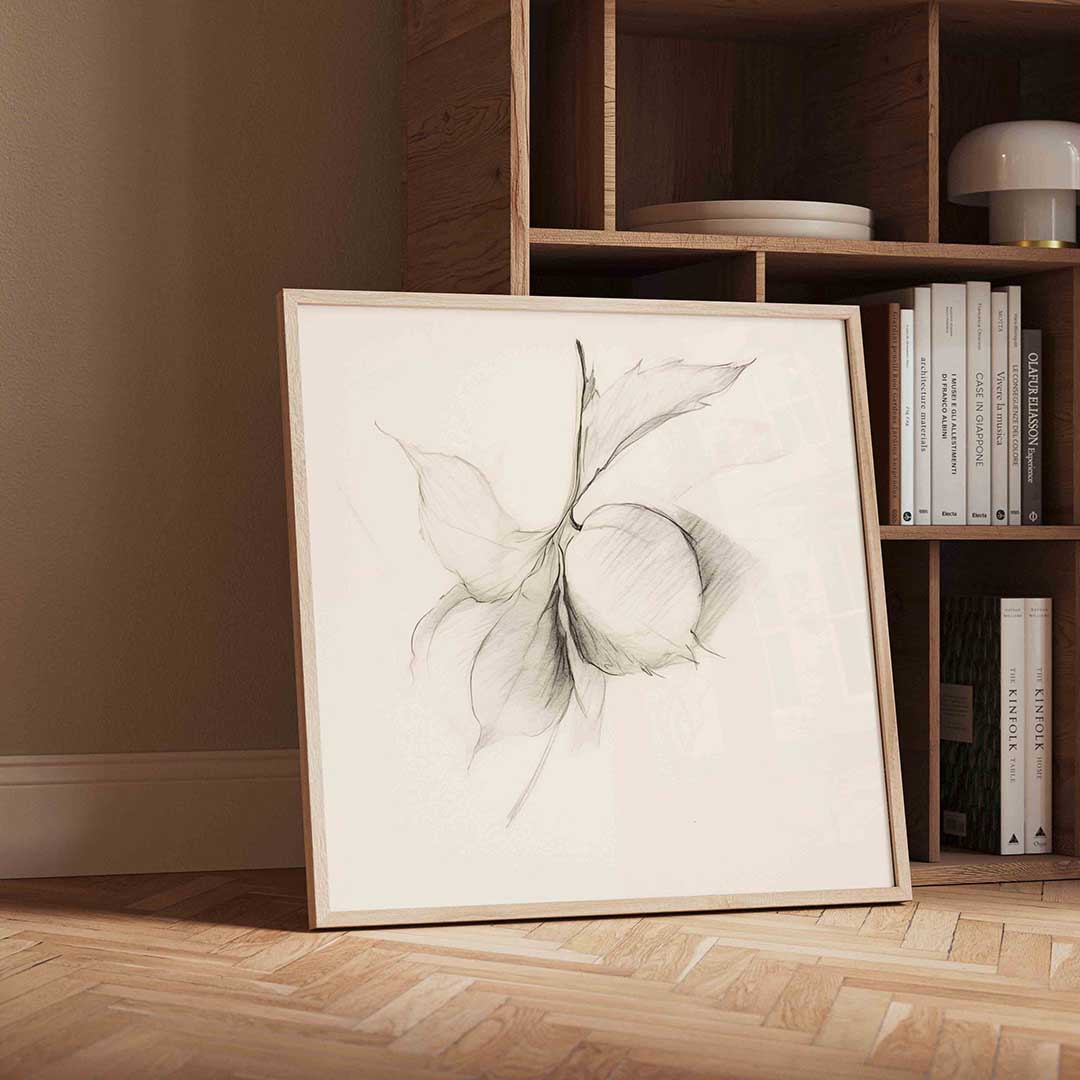 Potloodtekening van bladeren – moderne wandkunst met kleur en vormen als poster