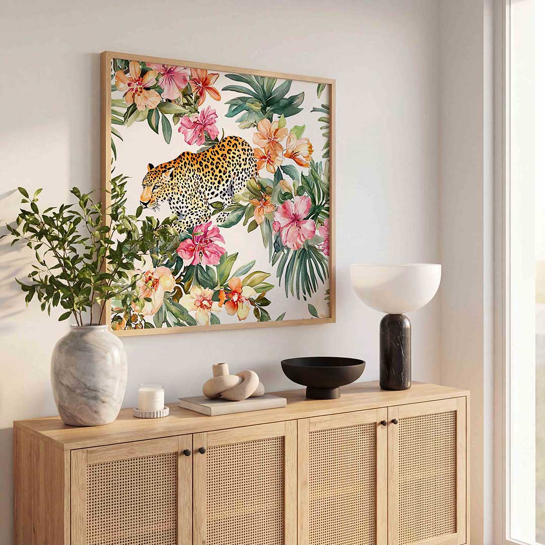 Luipaard en bloemen – dierenillustratie als vierkante poster