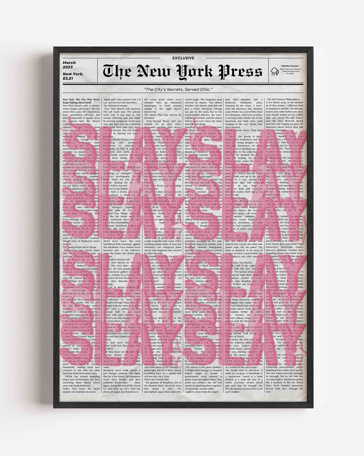 Newspaper en roze tekst – Pop Art portret poster als wanddecoratie