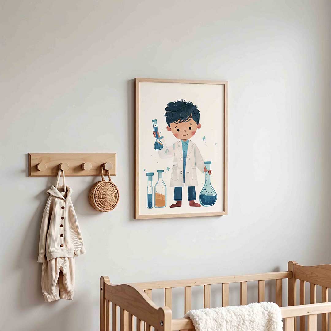 Jongetje met reageerbuis – kinderposter in staand formaat