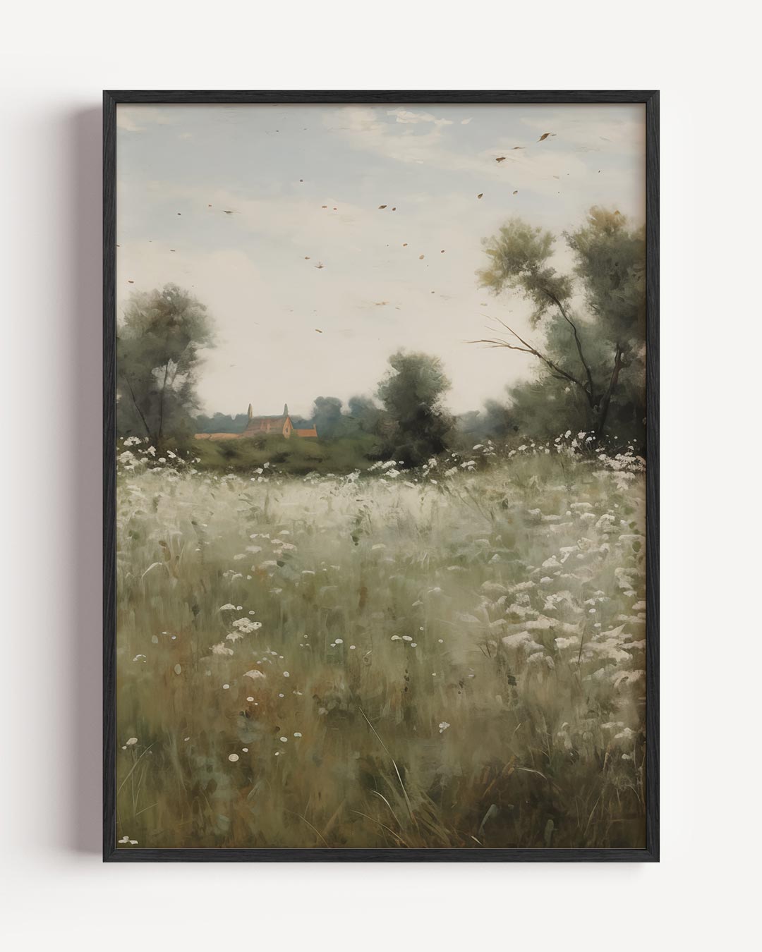 Zacht Bloemenveld met Landelijk Huisje – vintage portret poster als wanddecoratie