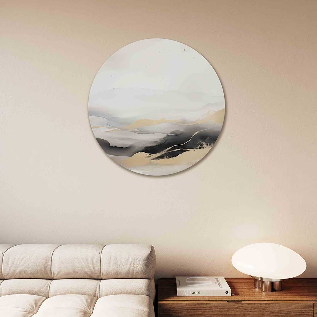 Landschap in beige en zwart – kleurrijke Pop Art muurcirkel voor aan de muur