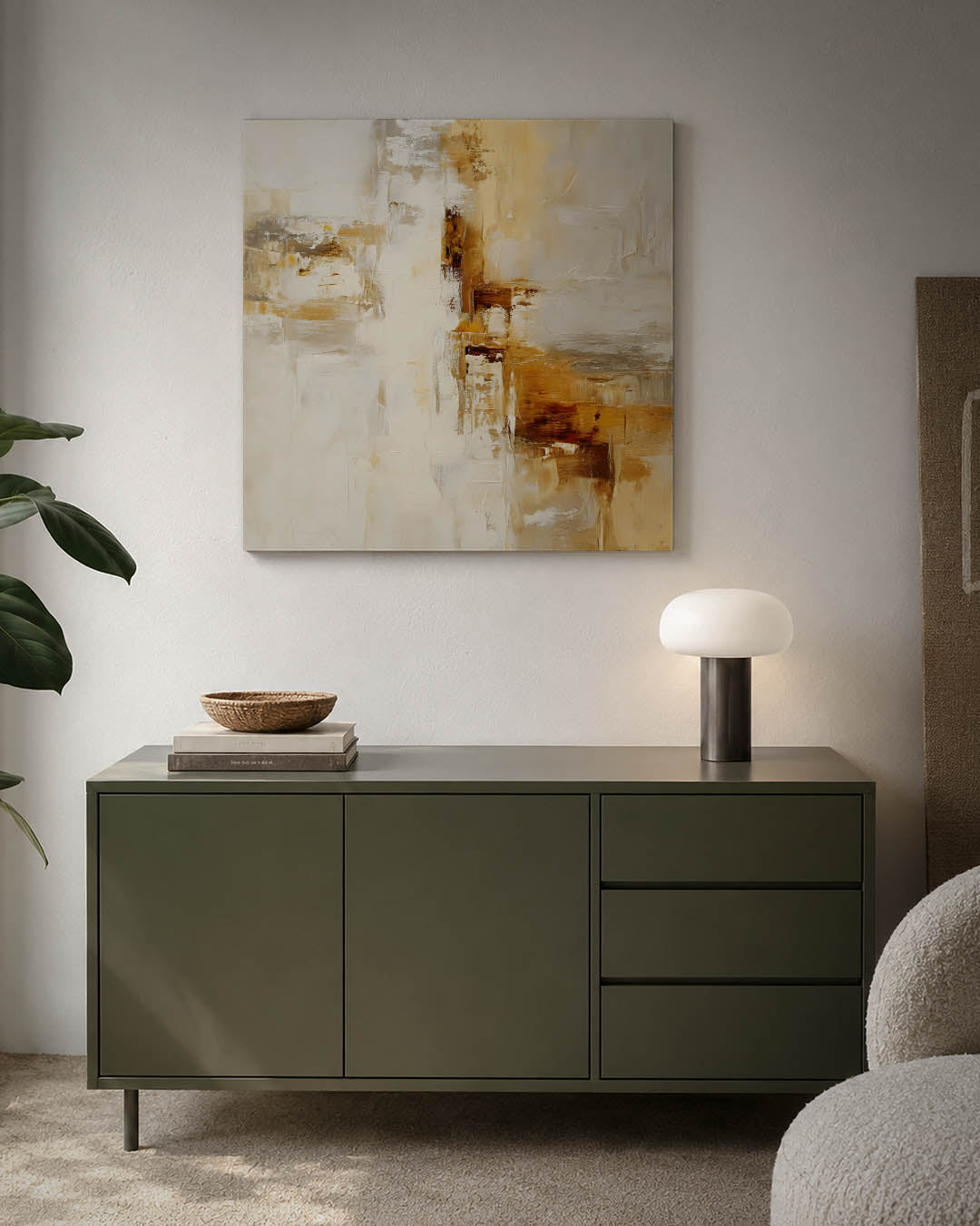 Gelaagde kleurencompositie kunstwerk – detailweergave – dit werk toont een dynamische mix van beige en bruin met subtiele