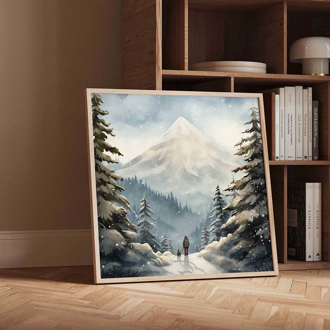Winterlandschap met berg – vierkante kerst wanddecoratie van WallArtistic