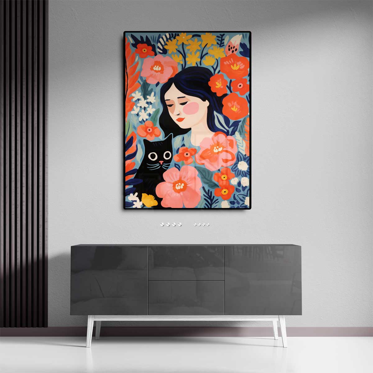 Bloemendroom met Kat – dibond wanddecoratie in staand formaat