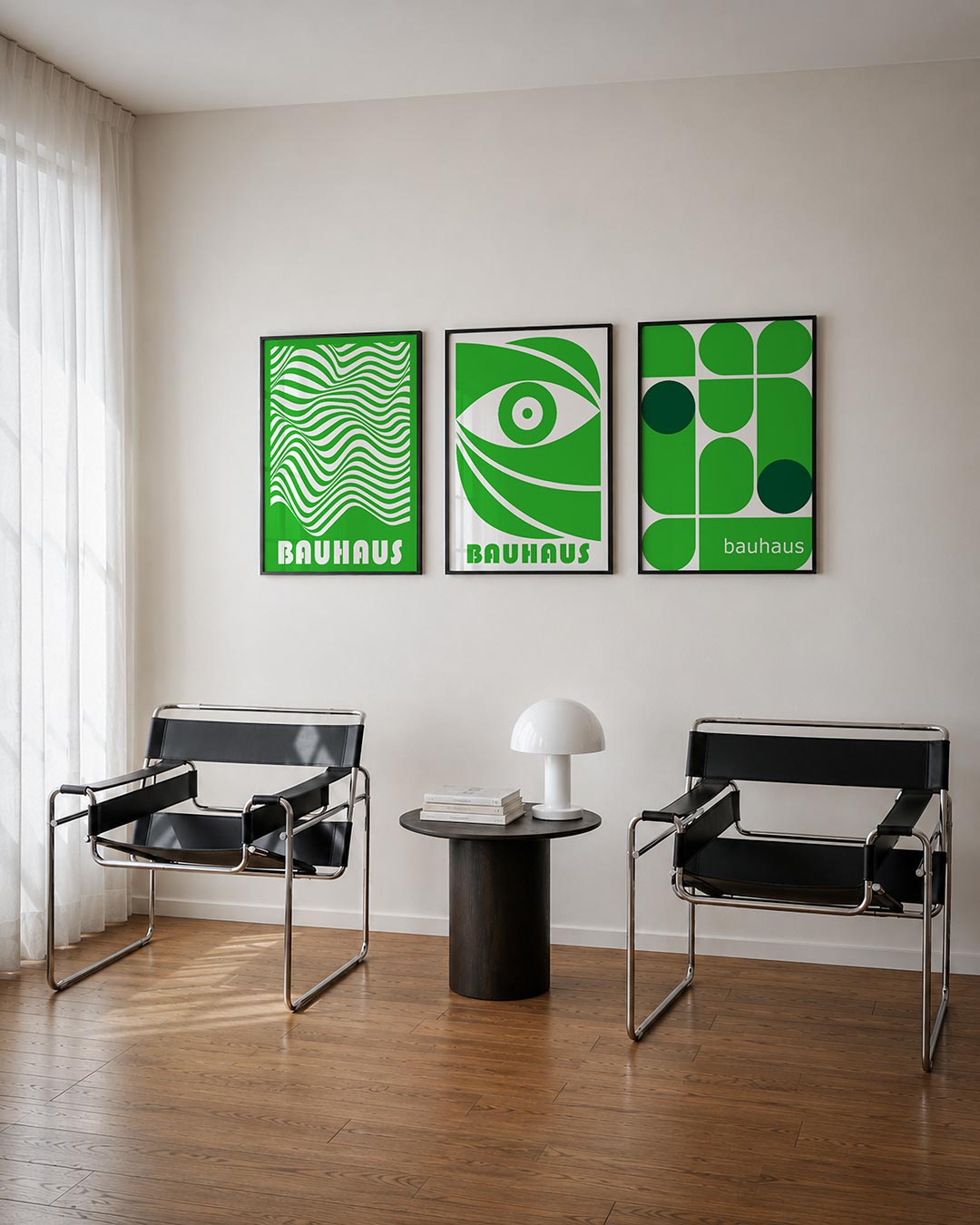 Golvend lijnenspel posterset – tweede productweergave – deze poster toont een dynamisch spel van golvende lijnen in groen en