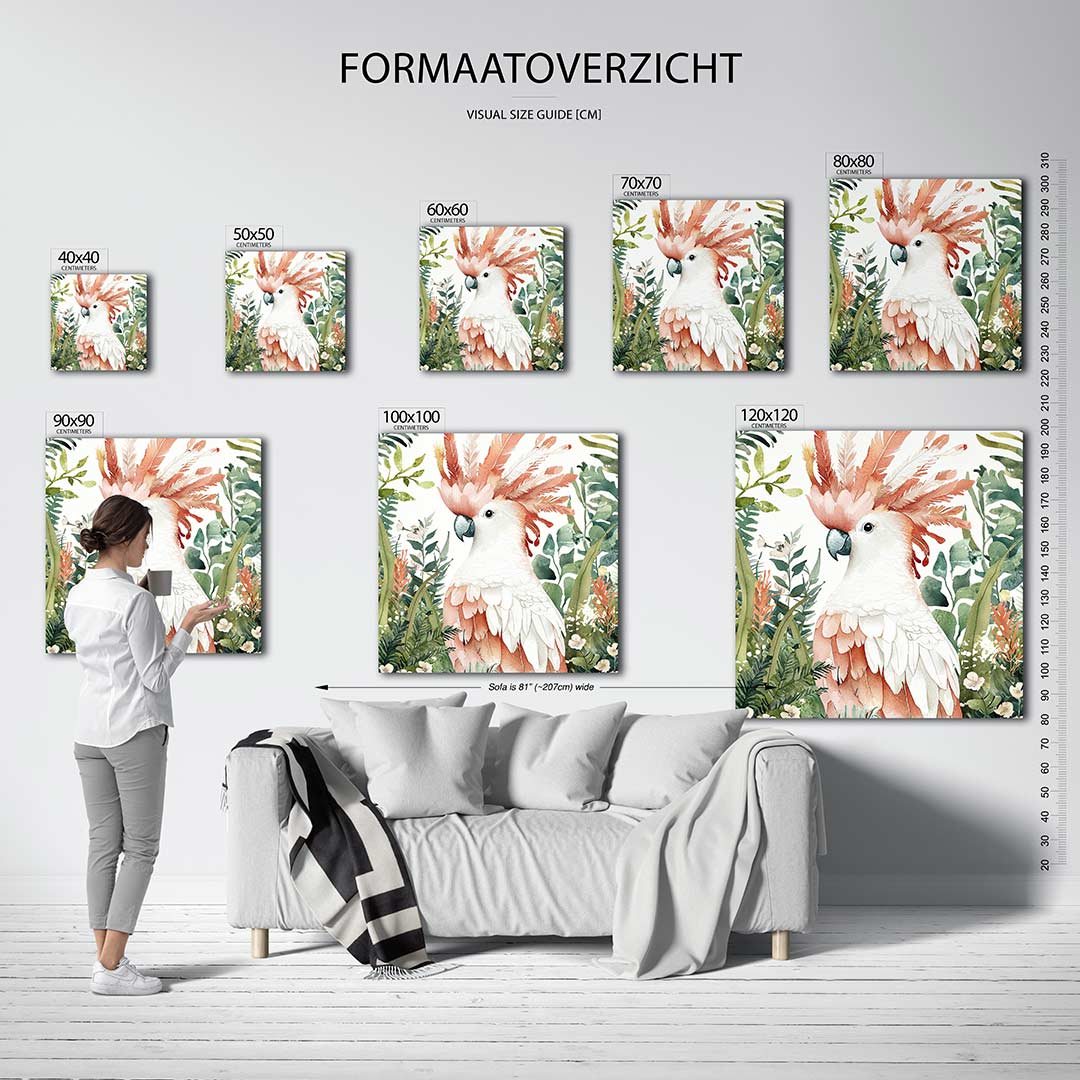 Vrolijke papegaai kunstwerk – dit kunstwerk toont een kleurrijke papegaai omringd door weelderige bladeren en bloemen, met