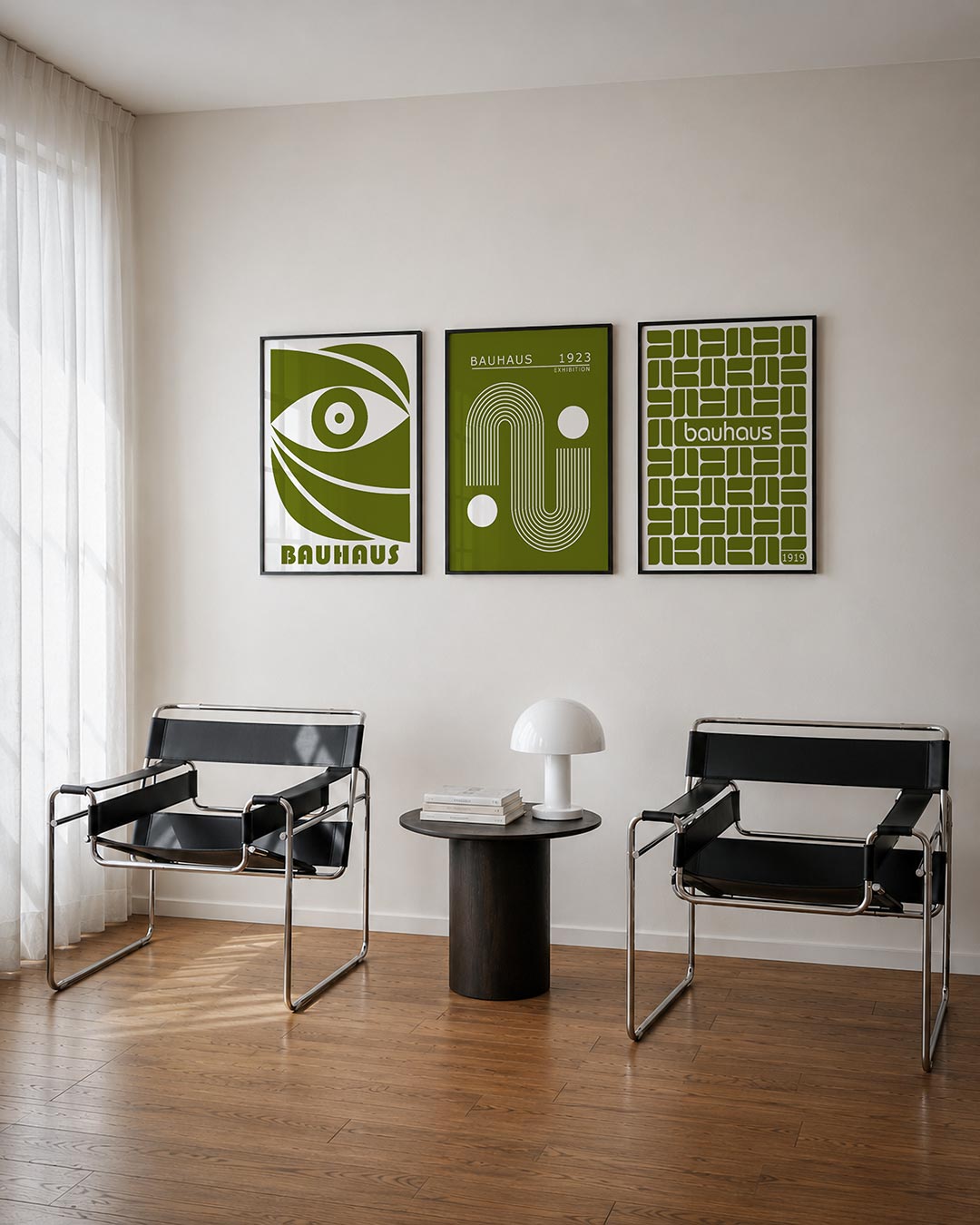 Oog en lijnen driedelige posterset – een groene oogvorm met dynamische lijnen en een cirkelpatroon. De compositie speelt met