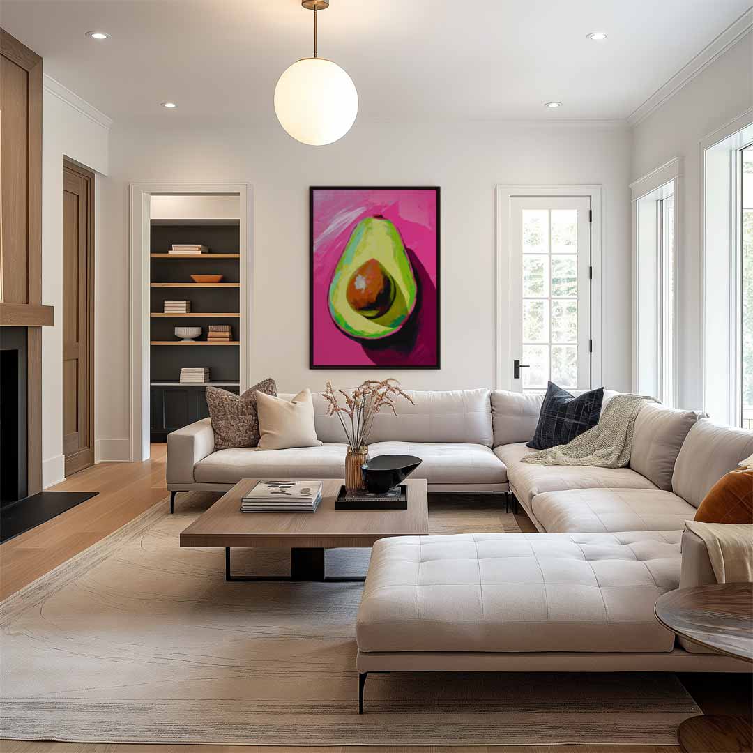 Avocado Kunstwerk met Roze Achtergrond – canvas wanddecoratie in portret formaat