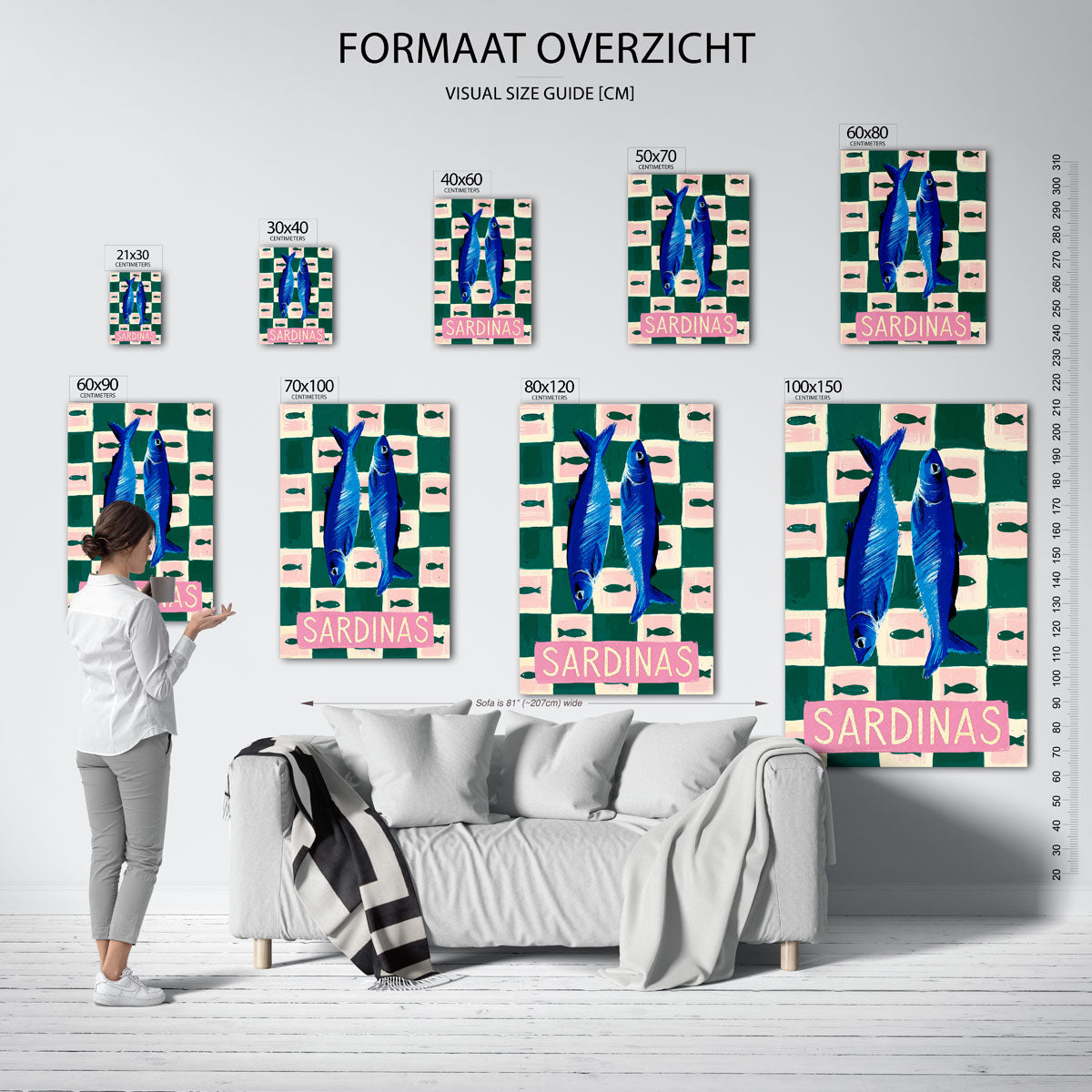 Sardines op geruite achtergrond – staande muurposter met Pop Art uitstraling