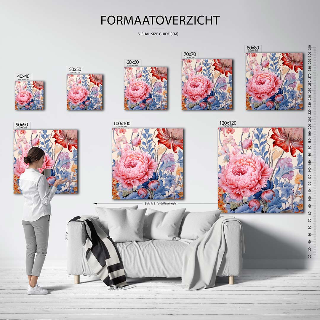 Bloemrijke fantasie kunstwerk – dit kunstwerk toont een weelderige verzameling bloemen in levendige kleuren, met
