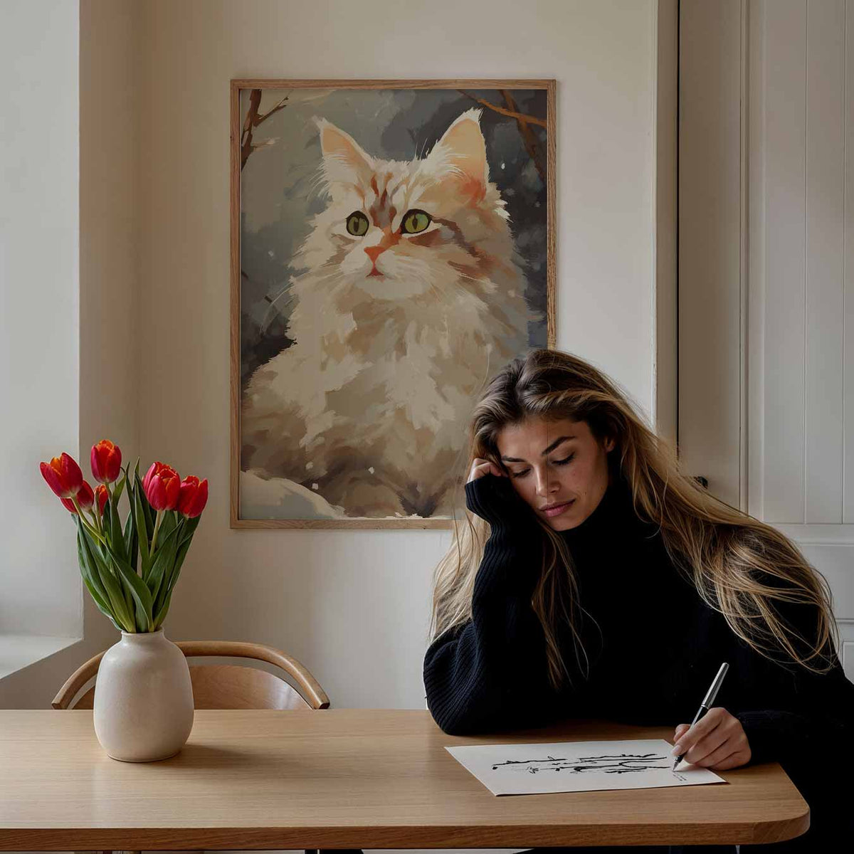 Kat in de Sneeuw – staande dieren wanddecoratie van WallArtistic