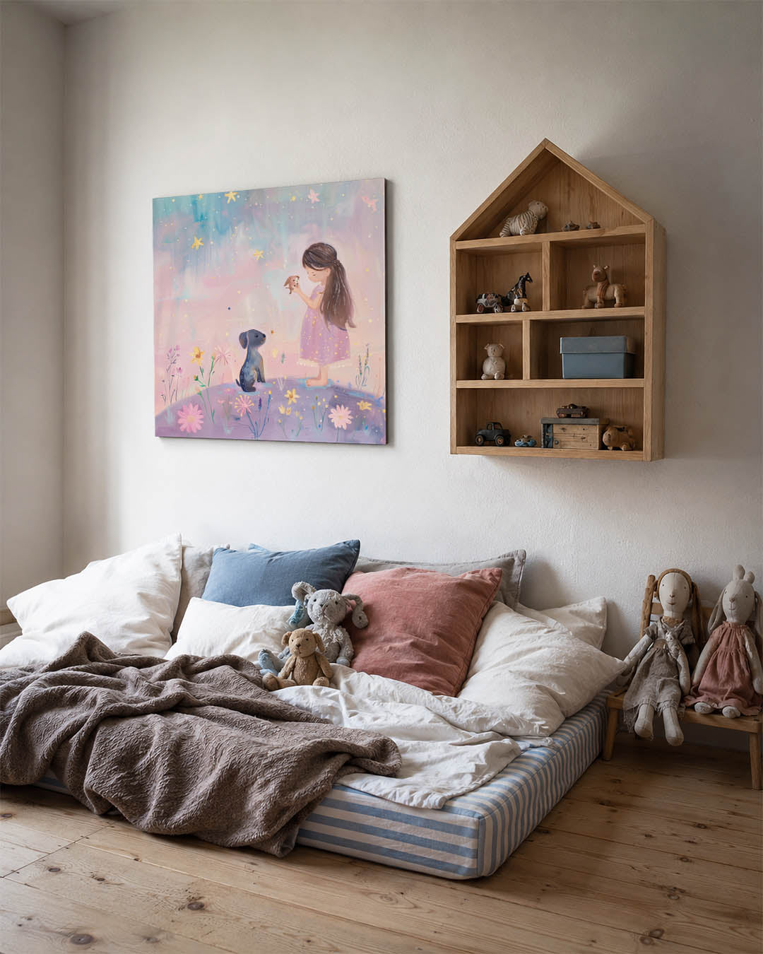 Dromerig kindertafereel kunstwerk – derde productweergave – dit werk toont een tafereel met een kind en dieren omringd door