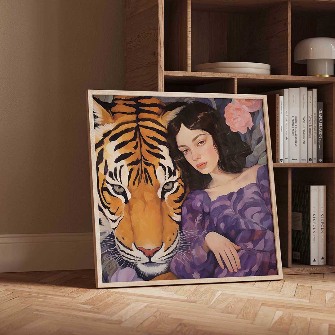 Tijger en vrouw – geïllustreerde wandkunst als vierkante poster