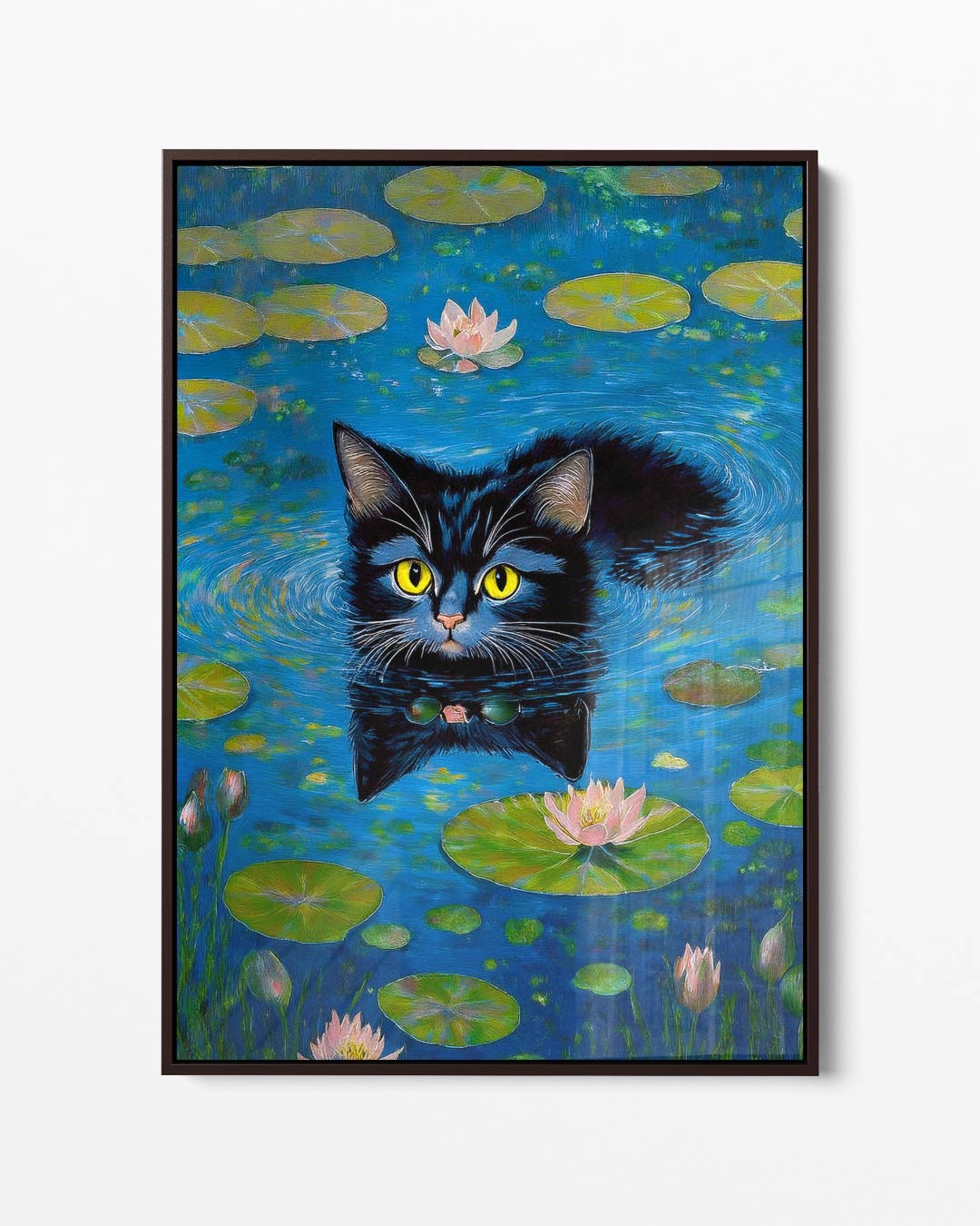 Zwemmende Kat Tussen Waterlelies – portret kunstwerk als wanddecoratie