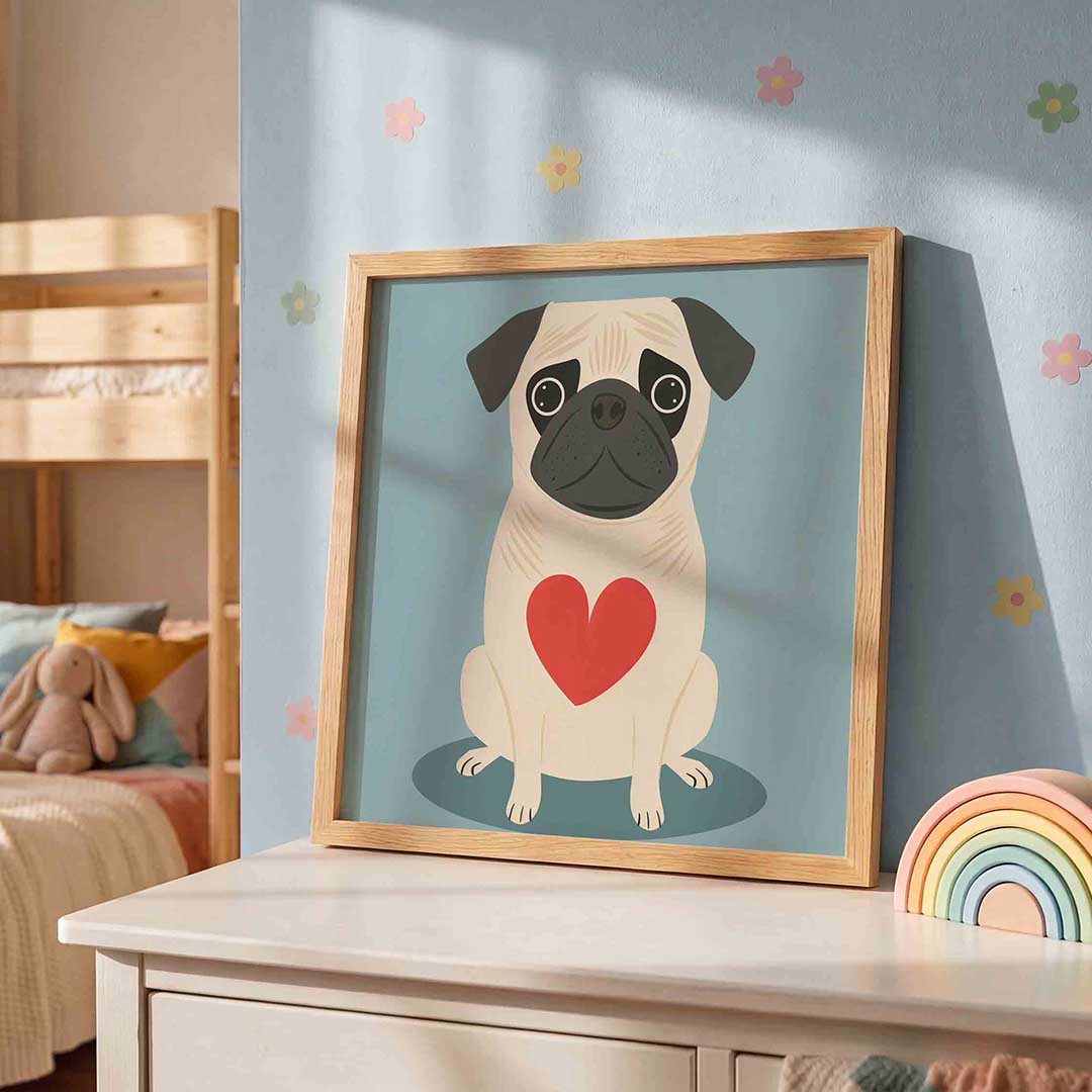 Mopshond met hart – speelse wandkunst als vierkante kinderposter