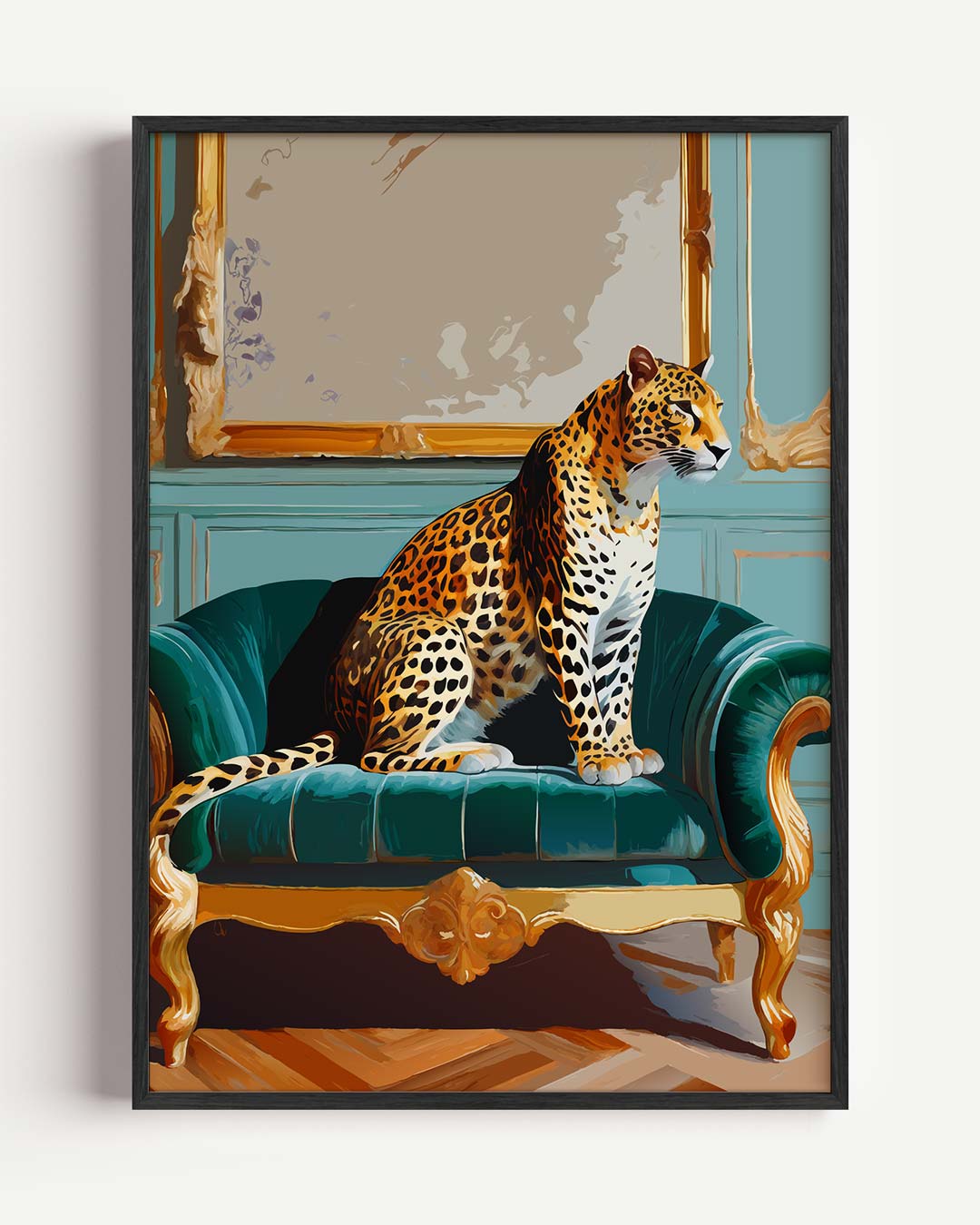 Elegante Luipaard op Luxe Sofa – dieren portret poster als wanddecoratie