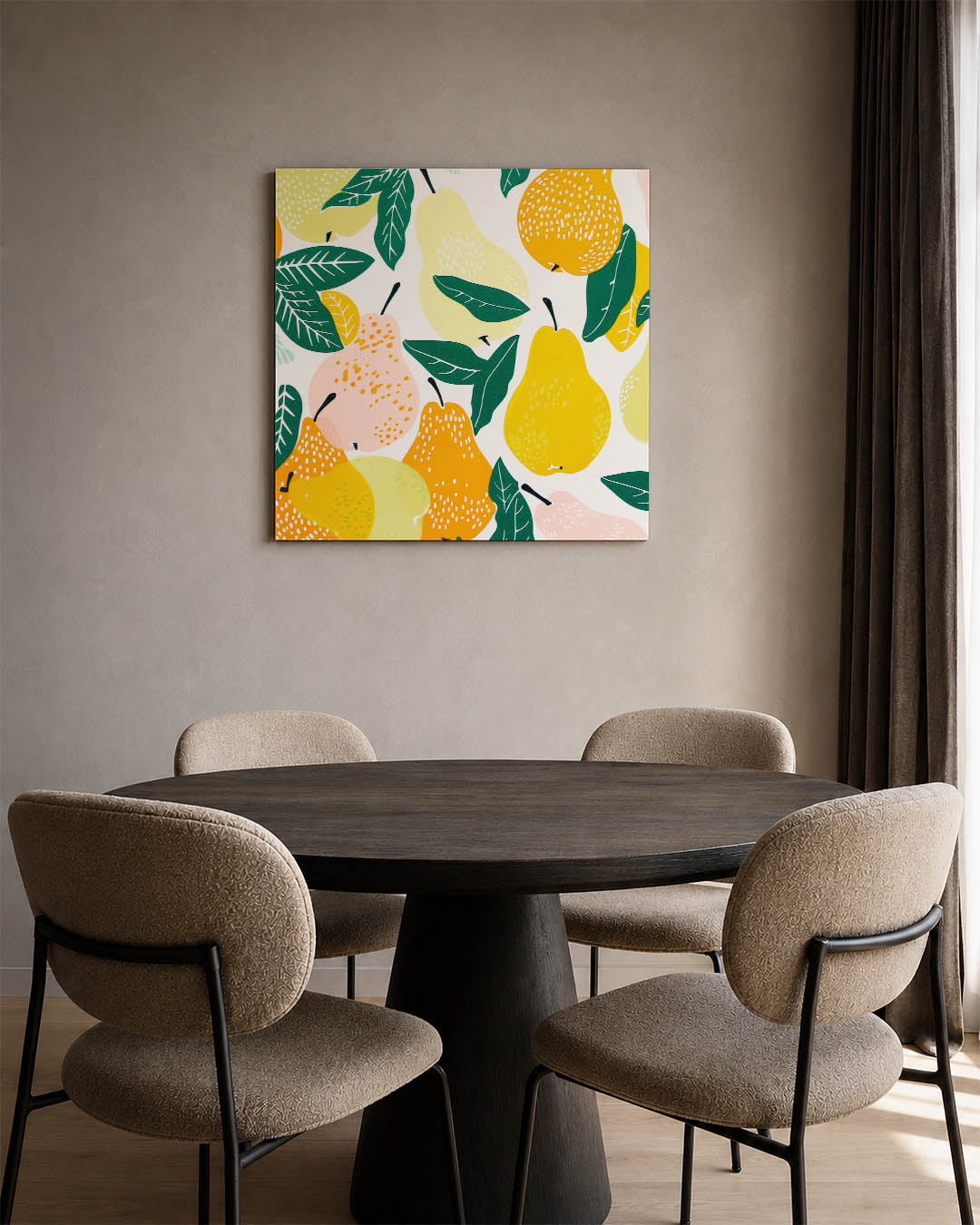 Fruit en bladeren kunstwerk – vierkante wanddecoratie – dit werk toont een levendige compositie van peren en bladeren in