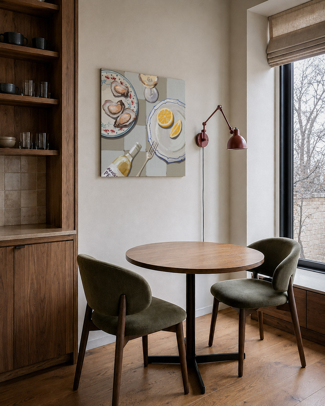 Eettafel compositie kunstwerk – derde productweergave – dit werk toont een sfeervolle eettafel met oesters, citroen en een