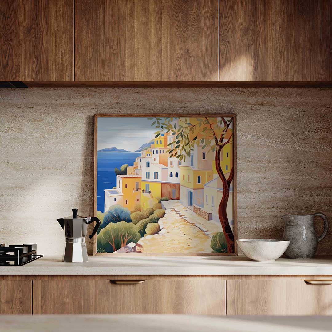 Mediterrane huizen aan zee – culinaire wandkunst als vierkante poster