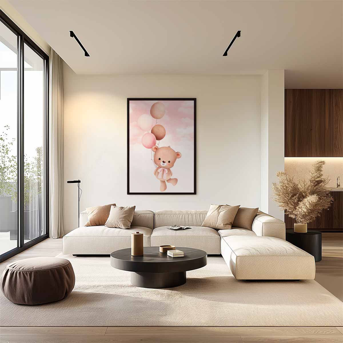 Dromerige Teddy met Ballonnen – kunstwerk met zwarte baklijst