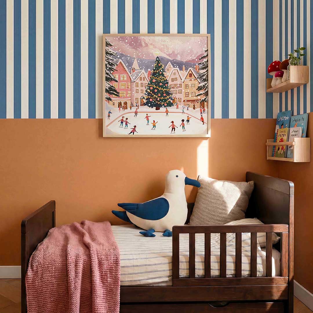 Schaatsende mensen bij kerstboom – kids poster in vierkant formaat