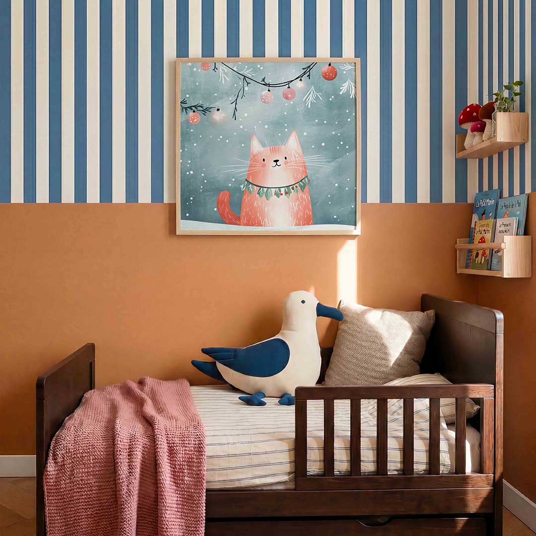 Kat met kerstversiering – kids poster in vierkant formaat