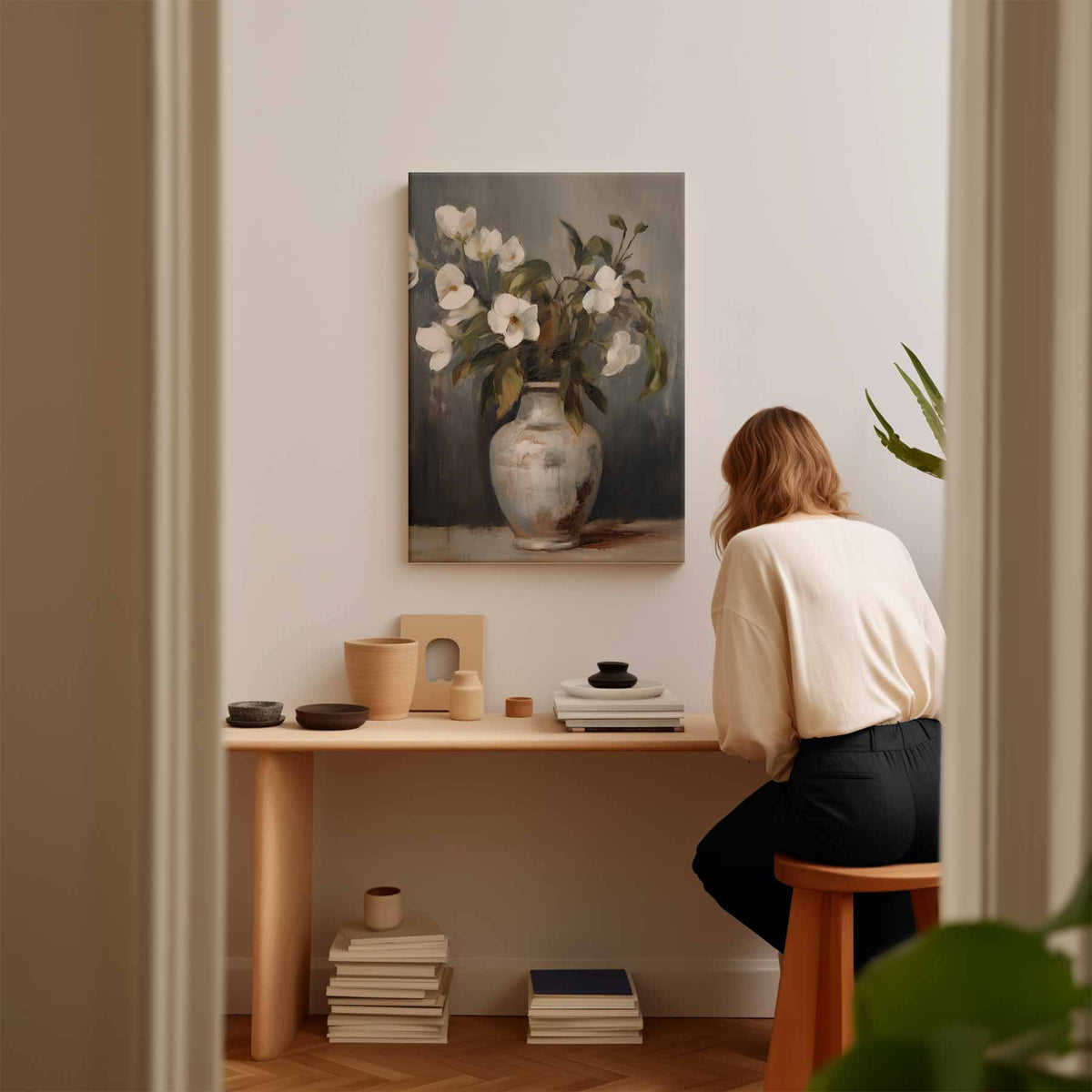 Elegante Bloemenpracht in Aardetinten – kunstwerk met zwarte baklijst