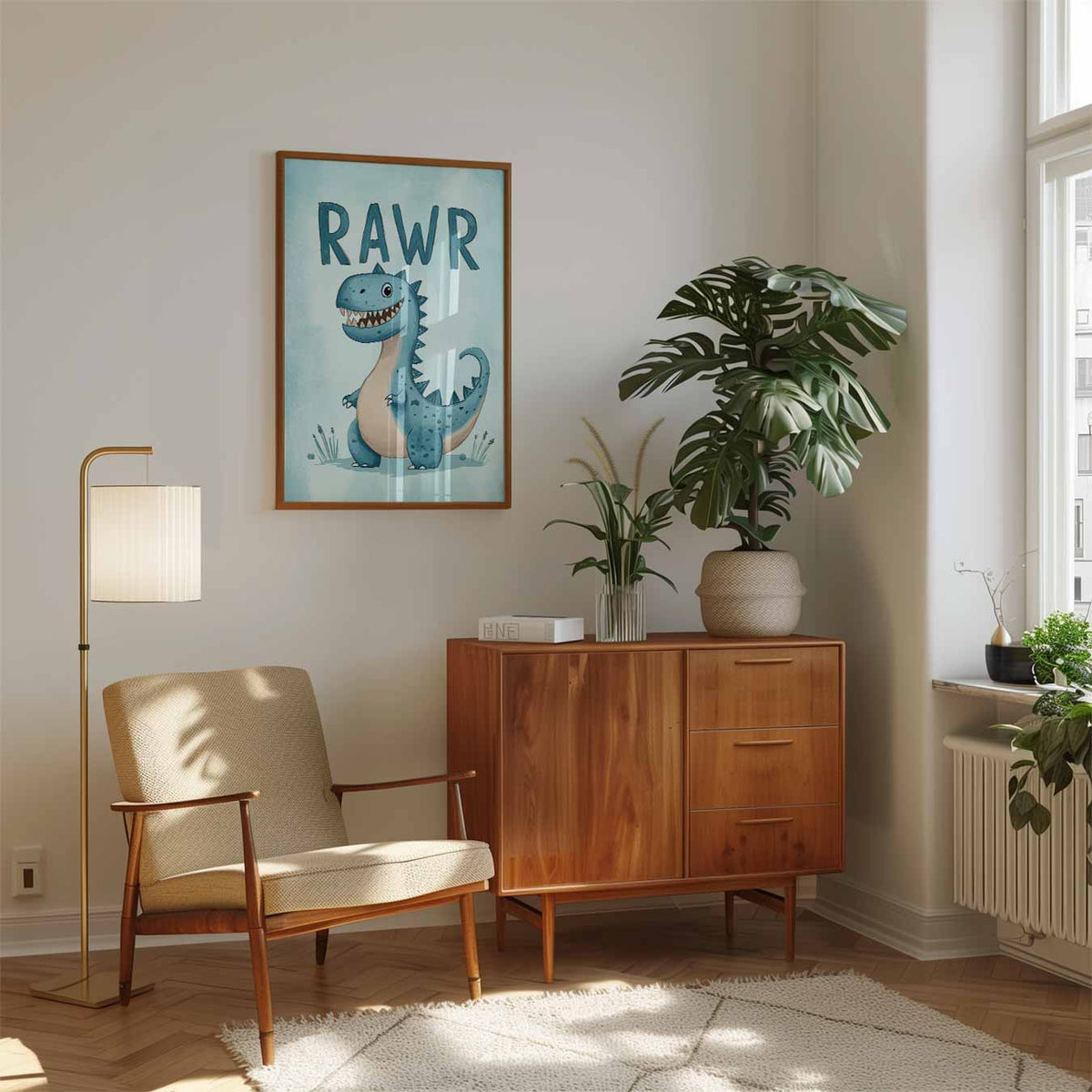 Schattige Dino "Rawr" – speelse wandkunst als portret kinderposter