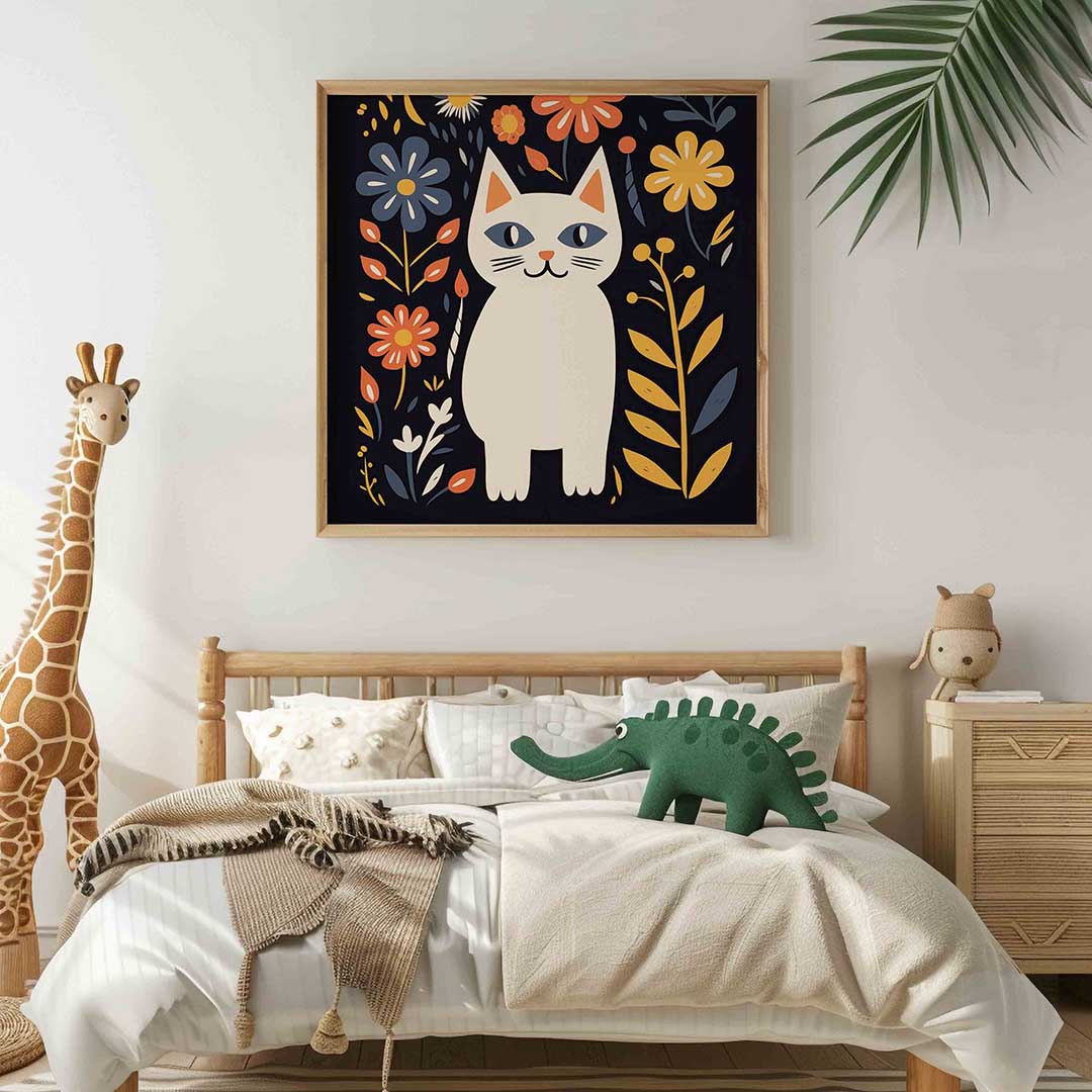 Kat met bloemen – vierkante kinderkamer wanddecoratie van WallArtistic