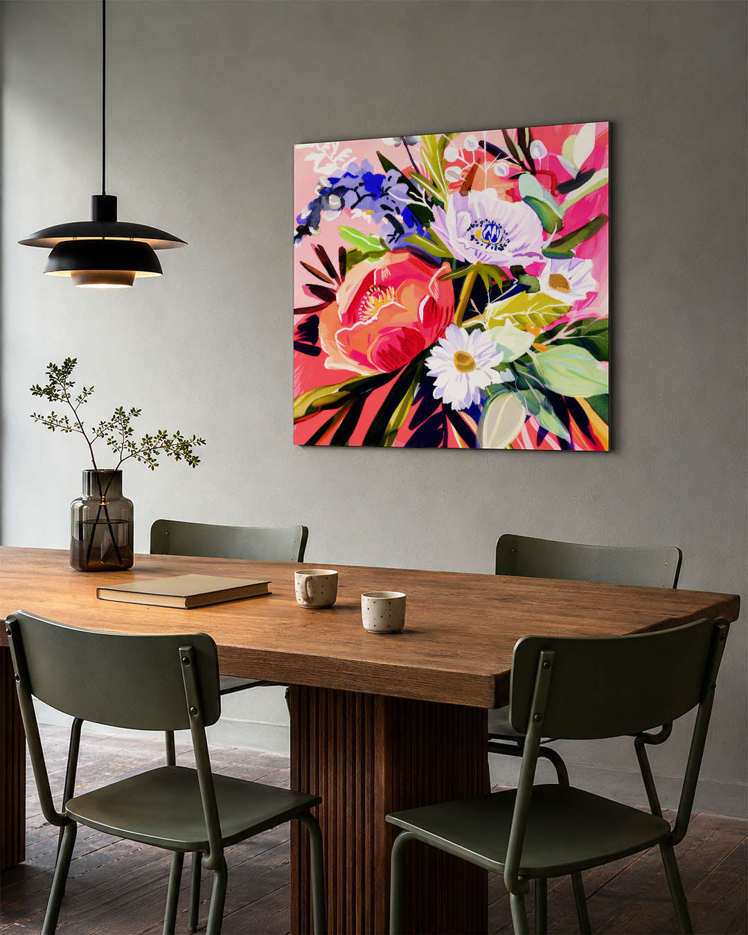 Bloemrijke kleurenexplosie kunstwerk – tweede productweergave – dit werk toont een levendige compositie van bloemen in een
