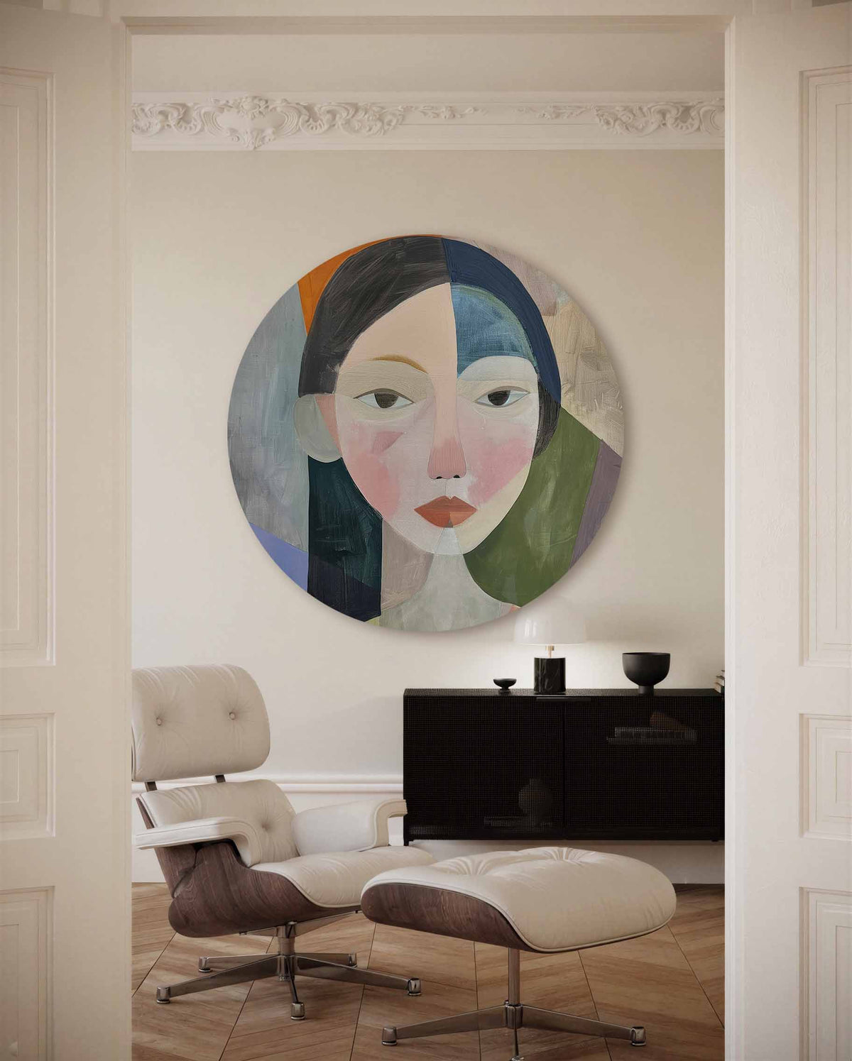 Portret met geometrische vormen – muurcirkel met kleur en vormen voor aan de muur
