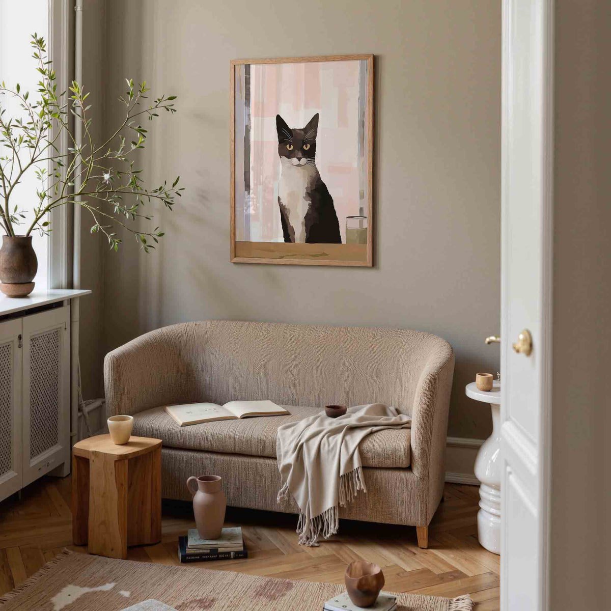Kat met glas – botanische poster in staand formaat