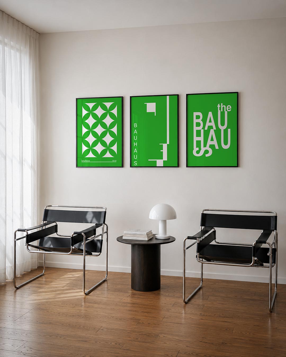 Groene cirkelpatronen posterset – tweede productweergave – deze posterset toont een herhaling van groene, overlappende