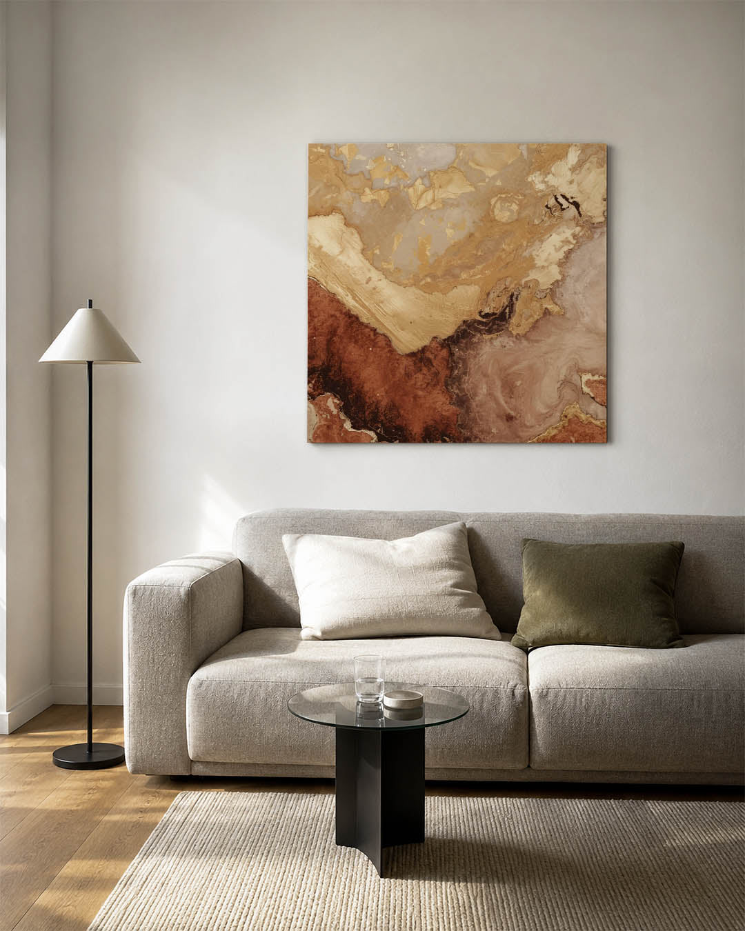 Aardse texturen kunstwerk – vierkante wanddecoratie – dit werk toont een dynamisch spel van aardse tinten met vloeiende